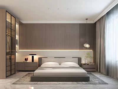 Modern Bedroom Interior Design With Wooden Walls Bed Nightstands Hanging Lamp And Wardrobe 3d model