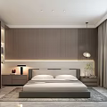 Modern Bedroom Interior Design With Wooden Walls Bed Nightstands Hanging Lamp And Wardrobe