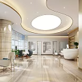 Elegant Store Front Desk Interior Design With Round Ceiling Lights Marble Floor And Seating Area