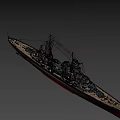 Detailed Military Battleship With Turrets Mast And Red Hull Structure