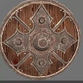 Ornate Medieval Wooden Shield With Round Shape And Metal Decorative Patterns