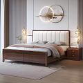 Modern Minimalist Bedroom Interior With Wooden Bed Upholstered Headboard Nightstands And Round Wall Art