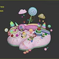 Pink Cloud Shaped Dessert Scene With Unicorn Lollipop Cake Cupcakes And Candies