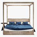 Wooden Four Poster Bed with Blue Bedding Side Table and Table Lamp 3d model