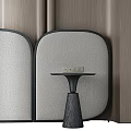 Elegant Modern Wall Decor With Curved Fabric Panels And Black Accent Tables