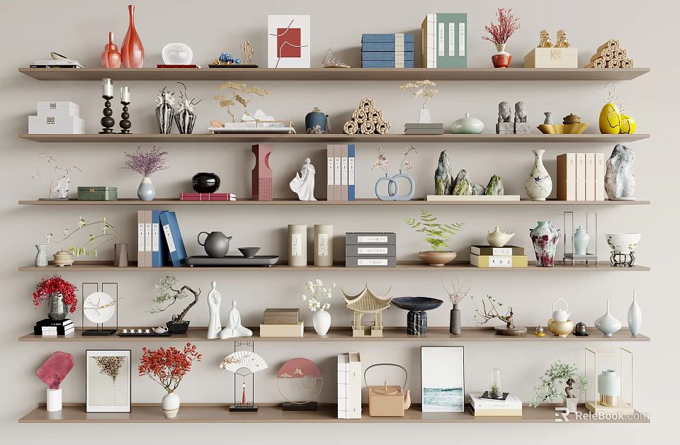 Stylish Decorative Ornament Sets with Vases Books Tea Sets Plants and Mini Sculptures on Shelves 3d model 