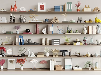 Stylish Decorative Ornament Sets with Vases Books Tea Sets Plants and Mini Sculptures on Shelves 3d model