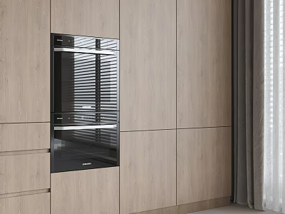 Modern Elevator Lobby With Wooden Cabinets Built In Appliance And Curtains 3d model