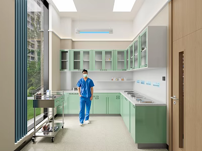 Hospital Outpatient Clinic Interior With Medical Staff Green Cabinets And Medical Equipment 3d model