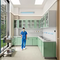 Hospital Outpatient Clinic Interior With Medical Staff Green Cabinets And Medical Equipment