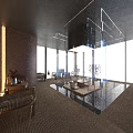 Modern Clubhouse Interior Design With Glass Partitions Lighting Fixtures And City Skyline View