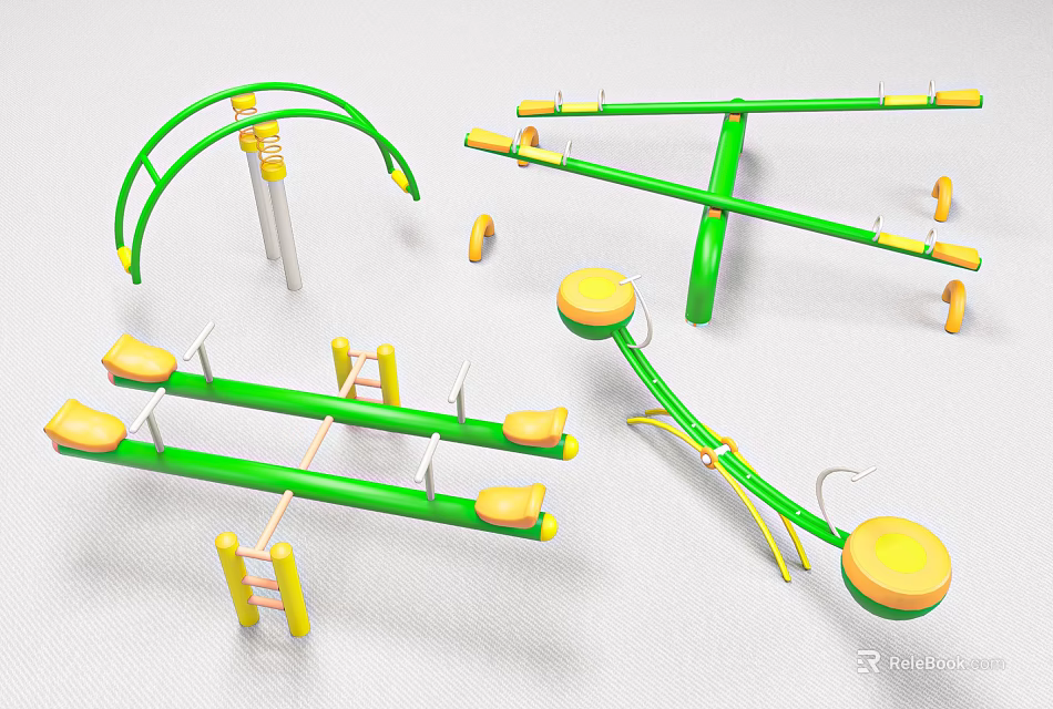 Green And Yellow Outdoor Playground Equipment With Swings Seesaws And Climbing Frames 3d model 