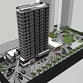 Modern Commercial Complex With Glass Facade Retail Shops Parking Area And Landscaped Gardens 3d model