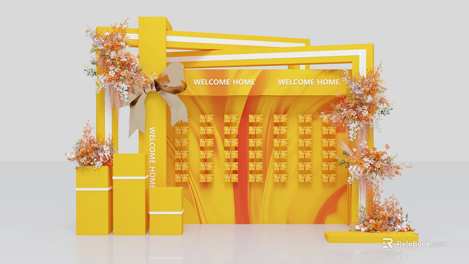 Interactive Area With Yellow Theme Welcome Home Display Wall Gift Boxes And Flower Decorations 3d model 