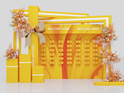 Interactive Area With Yellow Theme Welcome Home Display Wall Gift Boxes And Flower Decorations 3d model