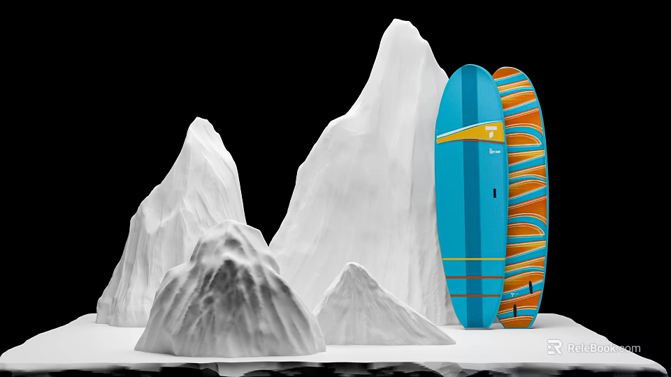 Artificial Mountain Rockery Stones With Colorful Surfboards In Display Setup 3d model 