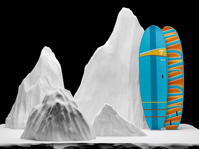 Artificial Mountain Rockery Stones With Colorful Surfboards In Display Setup 3d model