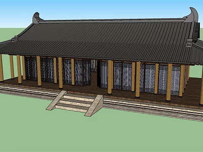Ancient Chinese Architecture with Black Roof Upturned Eaves Wooden Columns and Stone Steps 3d model