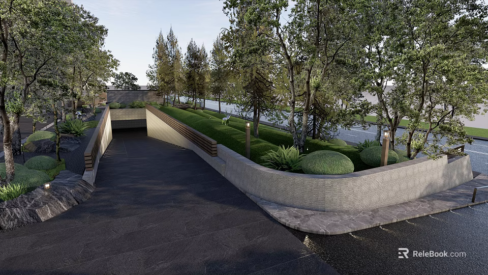 Modern Outdoor Landscape With Pathway Green Plants Trees And Stone Wall 3d model 