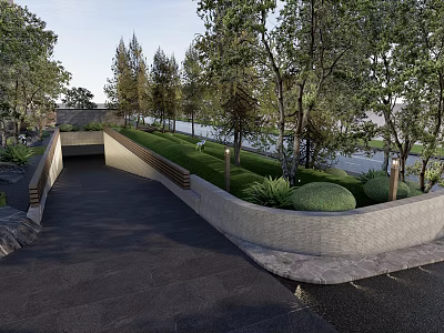 Modern Outdoor Landscape With Pathway Green Plants Trees And Stone Wall 3d model
