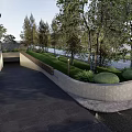Modern Outdoor Landscape With Pathway Green Plants Trees And Stone Wall
