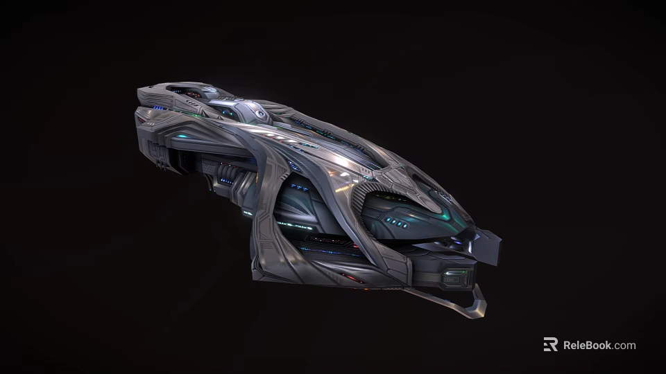 Futuristic Sci Fi Starship With Metallic Exterior And Glowing Blue Lights 3d model 