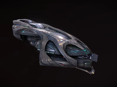 Futuristic Sci Fi Starship With Metallic Exterior And Glowing Blue Lights 3d model