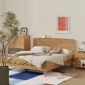 Wooden Double Bed with Platform Headboard Nightstand Dresser and Colorful Rug in Bedroom
