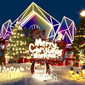 Magical Christmas Stage Featuring Neon Geometric Design Christmas Trees Snowman Lanterns And Lights
