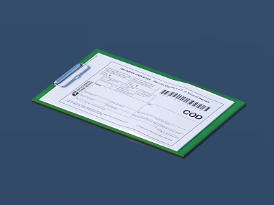 Green Border Folder Holding COD Receipt With Barcode And Blue Clip On Blue Background 3d model