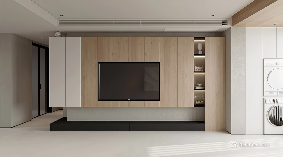 Modern Wooden TV Wall with Built in Storage Cabinets and Minimalist Design 3d model 