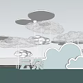 Cloud Inspired Sculptural Installation With White Canopy Structures Reflected On Water 3d model