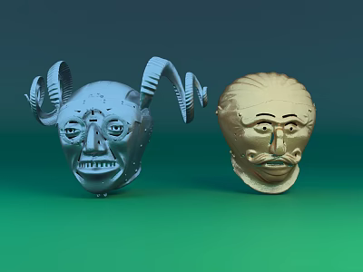 Artistic 3D Head Sculptures Featuring Curved Horns Curly Hair And Mustache 3d model