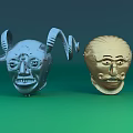 Artistic 3D Head Sculptures Featuring Curved Horns Curly Hair And Mustache