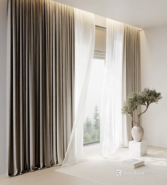 Elegant Velvet Curtains With Sheer Panels And Potted Plant By Mountain Window View 3d model 