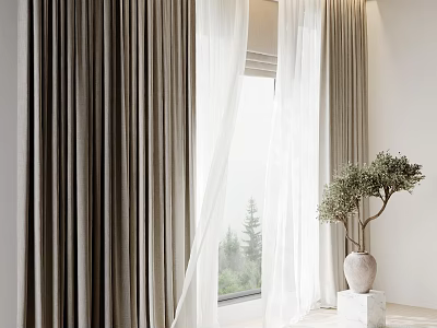 Elegant Velvet Curtains With Sheer Panels And Potted Plant By Mountain Window View 3d model