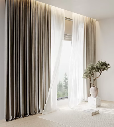 Elegant Velvet Curtains With Sheer Panels And Potted Plant By Mountain Window View 3d model