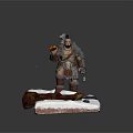 3D Armored Man Figure Holding Axe Standing On Snow Covered Base