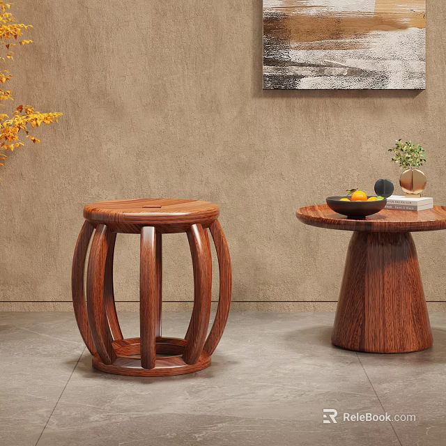 Solid Wood Round Stool With Carved Legs And Side Table With Fruit Bowl In Interior 3d model