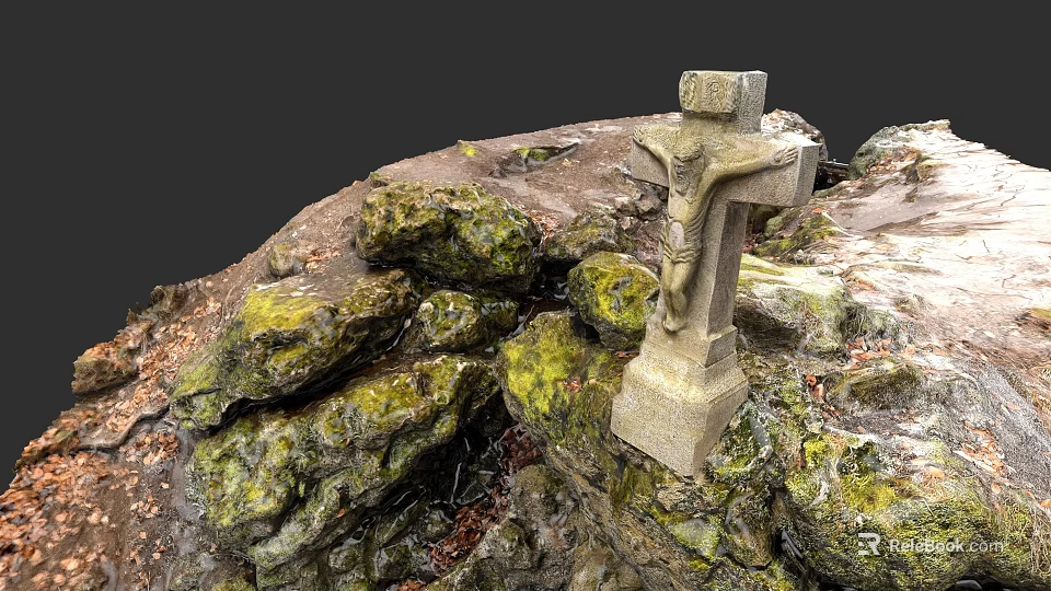 Micro Terrain Scene Featuring Stone Cross And Moss Covered Rocks With Fallen Leaves 3d model 