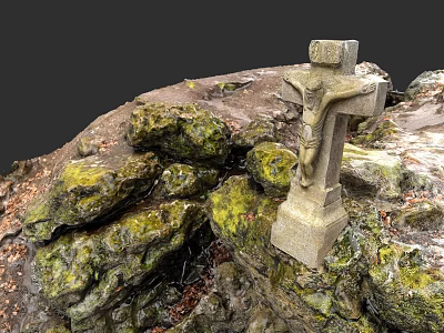 Micro Terrain Scene Featuring Stone Cross And Moss Covered Rocks With Fallen Leaves 3d model