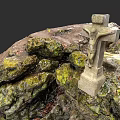Micro Terrain Scene Featuring Stone Cross And Moss Covered Rocks With Fallen Leaves