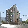 Modern School Building With Contemporary Architectural Design Colorful Facade Surrounding Trees Parking Lot And Roads