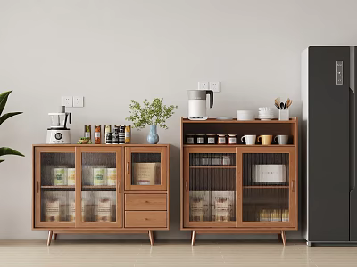 Minimalist Wooden Sideboard with Glass Doors in Kitchen Featuring Coffee Maker Plant Mugs Jars 3d model