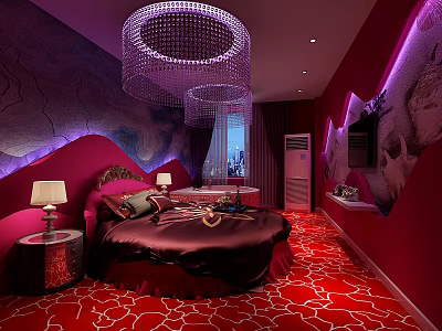 Luxurious Hotel Guest Room With Purple Red Tones Crystal Chandeliers And Red Patterned Carpet 3d model
