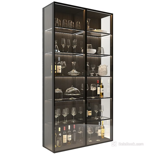 Modern Glass Door Storage Cabinet With Wine Glasses And Bottles On Shelves 3d model 
