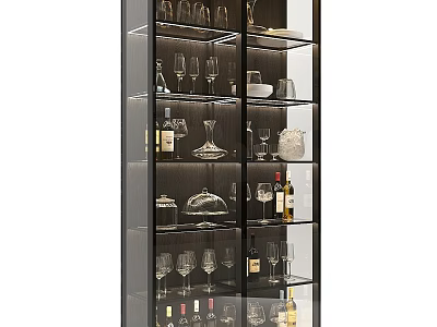 Modern Glass Door Storage Cabinet With Wine Glasses And Bottles On Shelves 3d model