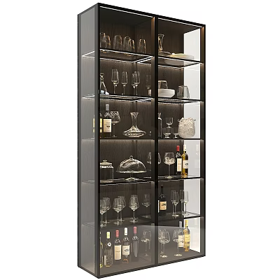 Modern Glass Door Storage Cabinet With Wine Glasses And Bottles On Shelves 3d model