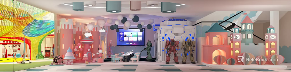 Amusement Park With Robot Models Interactive Screen And Decorative Elements 3d model