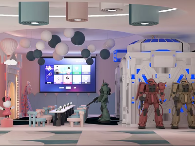 Amusement Park With Robot Models Interactive Screen And Decorative Elements 3d model